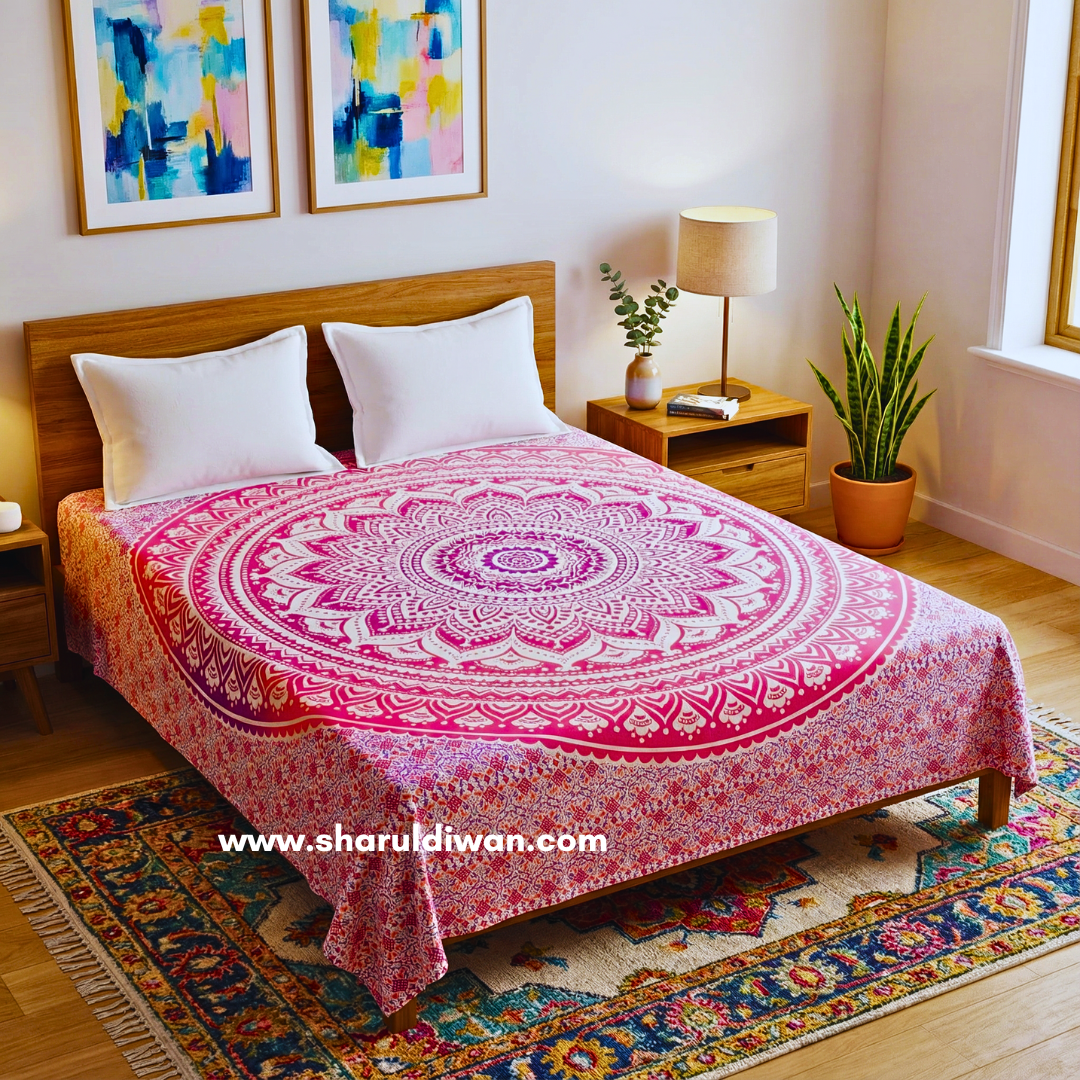 Pink Handblock Printed Twin Size Bed Sheet with 2 White Pillow Covers
