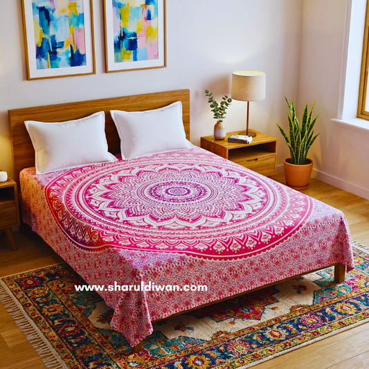 Pink Handblock Printed Twin Size Bed Sheet with 2 White Pillow Covers
