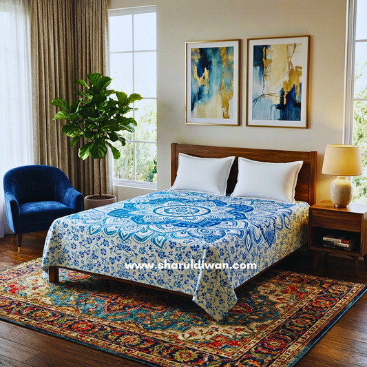 Blue  Ombre Handblock Printed Twin Size Bed Sheet with 2 White Pillow Covers