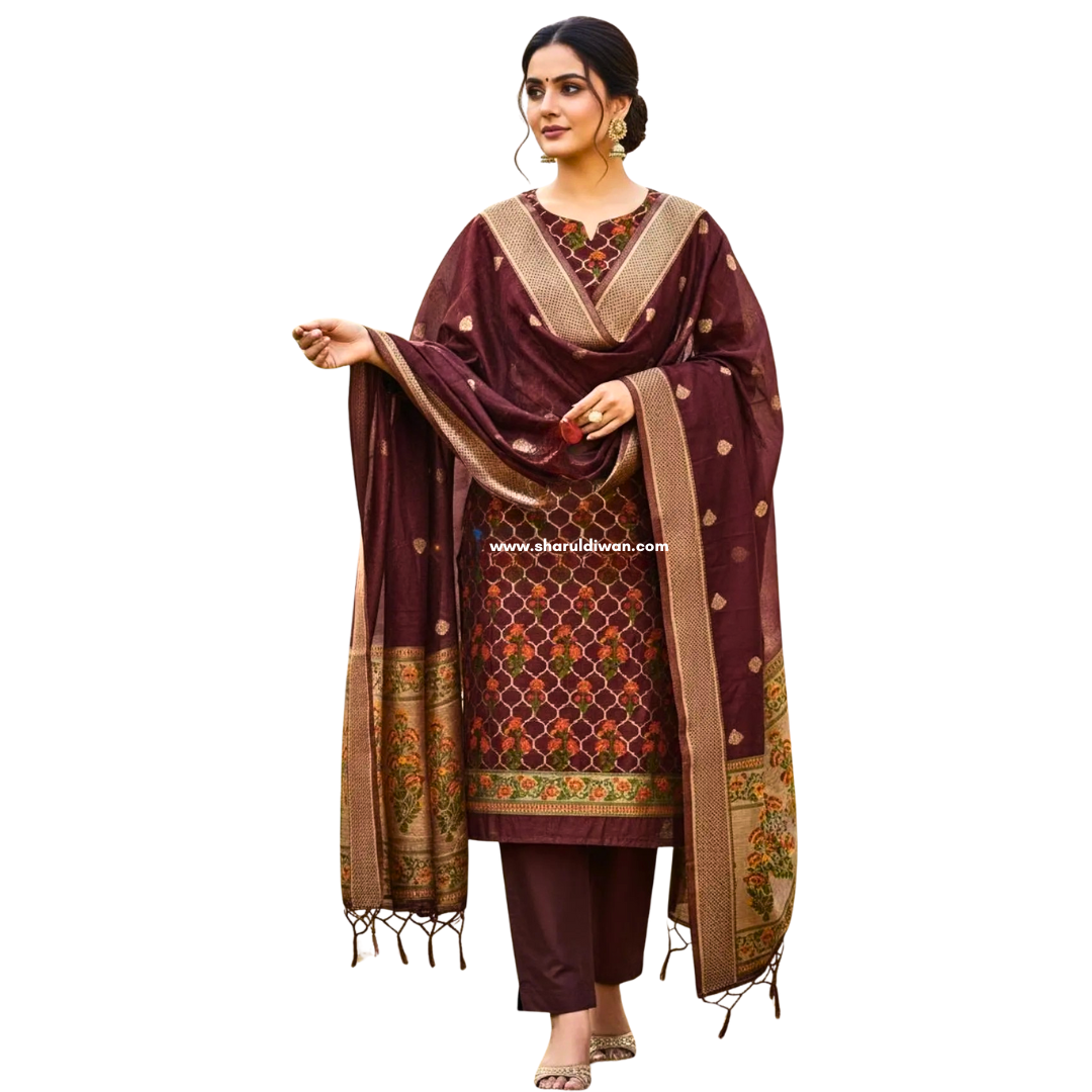 Banarasi Cotton Unstitched Salwar Suit Set with Woven Dupatta | Elegant Festive Wear Dress Material for Women