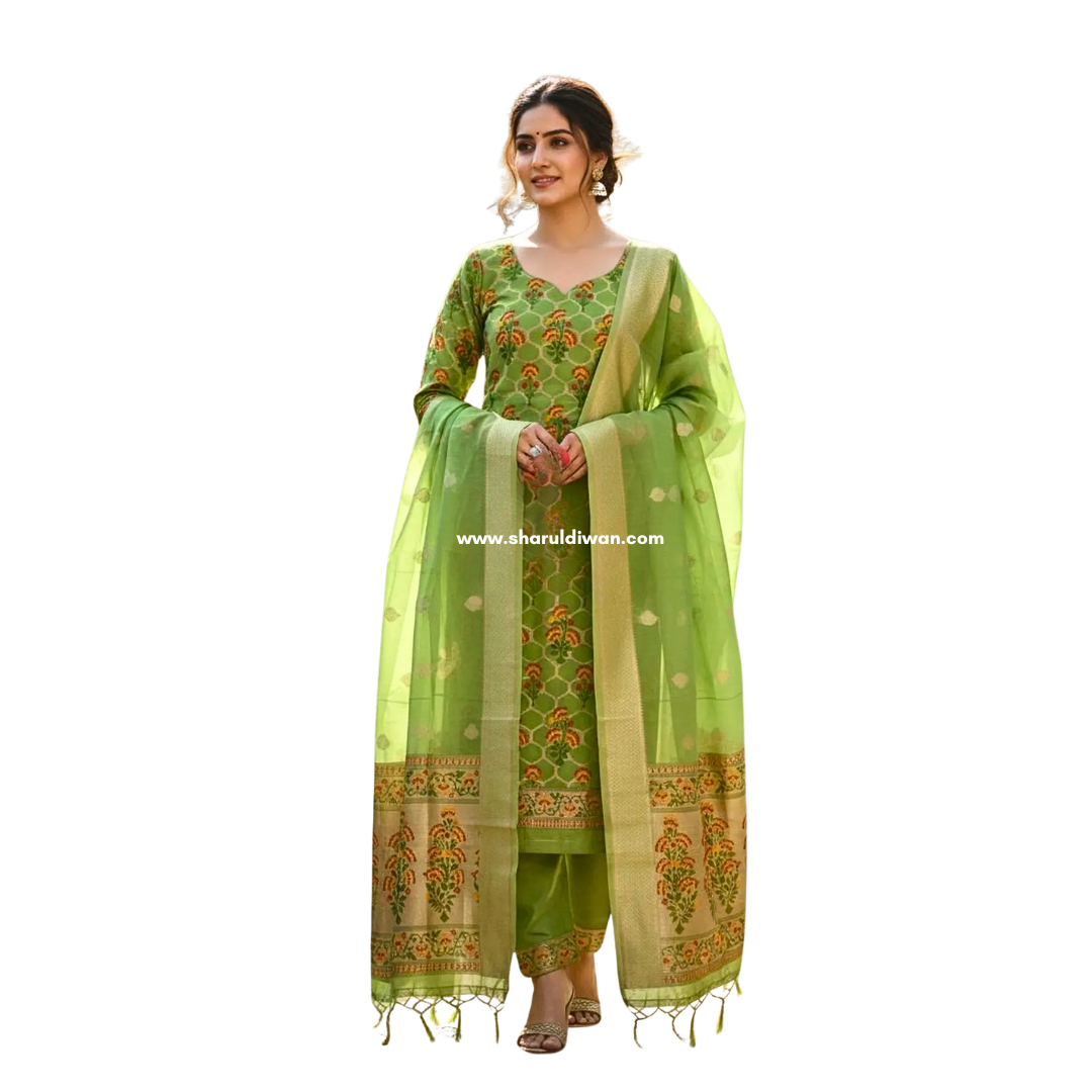 Banarasi Cotton Unstitched Salwar Suit Set with Woven Dupatta | Elegant Festive Wear Dress Material for Women