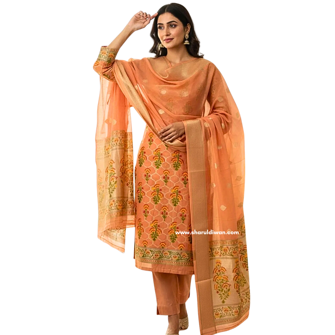 Banarasi Cotton Unstitched Salwar Suit Set with Woven Dupatta | Elegant Festive Wear Dress Material for Women