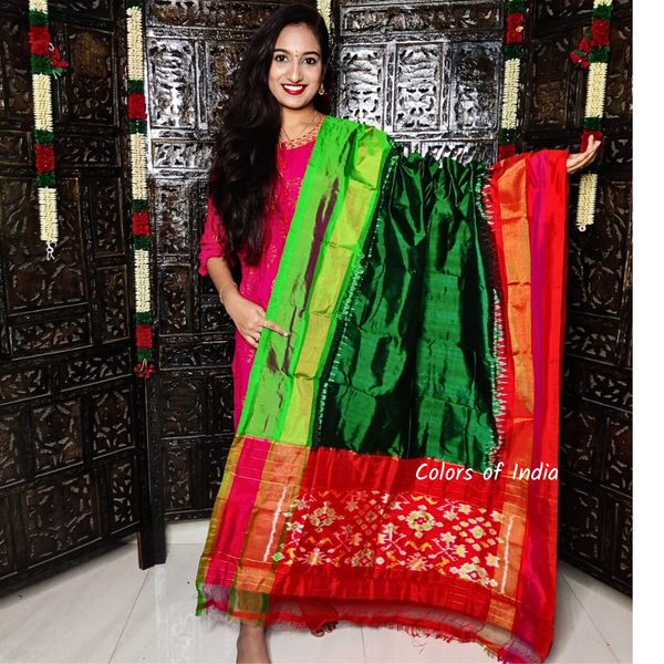 Bottle Green  100 % Pure Silk Ikat Dupatta  , FREE  DELIVERY