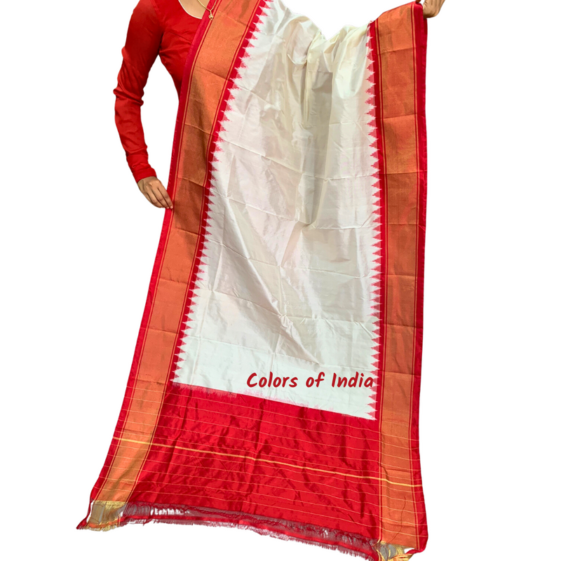 White and Red   100 % Pure Silk Ikat Dupattas , FREE  DELIVERY