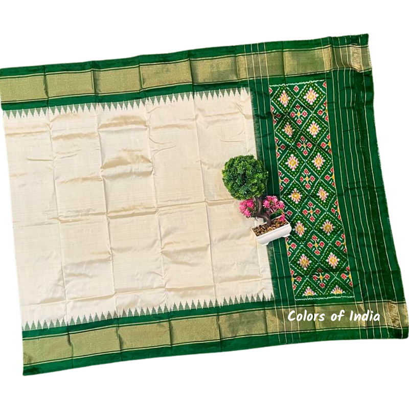 Offwhite / Green   100 % Pure Silk Ikat Dupatta , FREE  DELIVERY