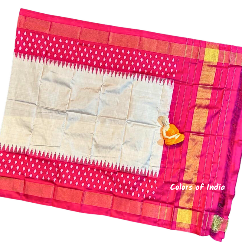 Offwhite / Pink   100 % Pure Silk Ikat Dupatta , FREE  DELIVERY