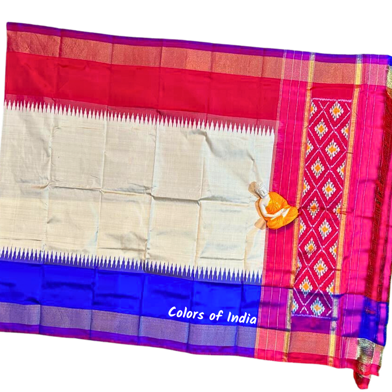 Offwhite / Blue   100 % Pure Silk Ikat Dupatta , FREE  DELIVERY