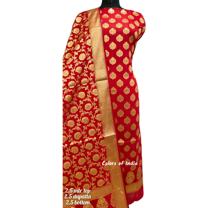 Banarasi  Red  Silk  Salwar Suit / Dress Material , FREE  DELIVERY