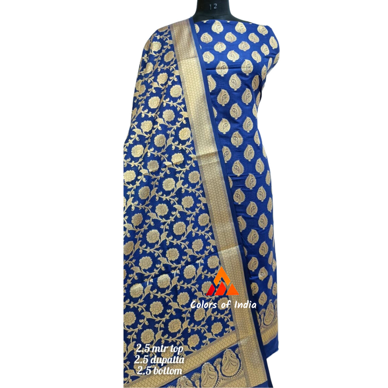 Banarasi  Blue  Silk Jacquard Dress Material , FREE  DELIVERY