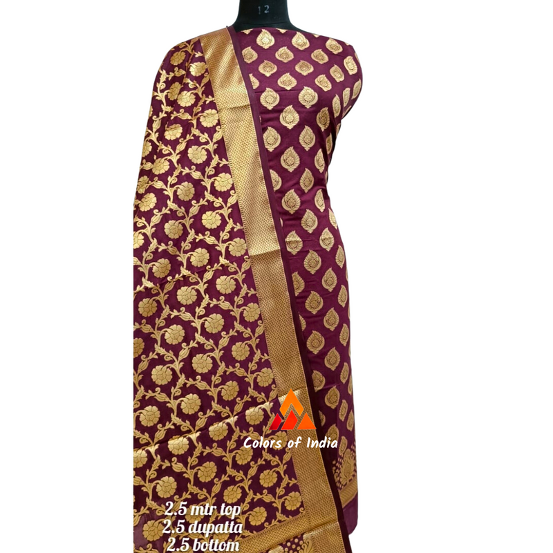 Banarasi  Maroon   Silk  Dress Material , FREE  DELIVERY