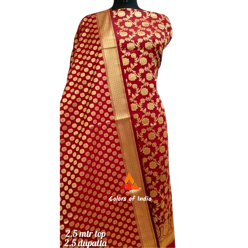 Banarasi  Rust   Silk  Dress Material , FREE  DELIVERY