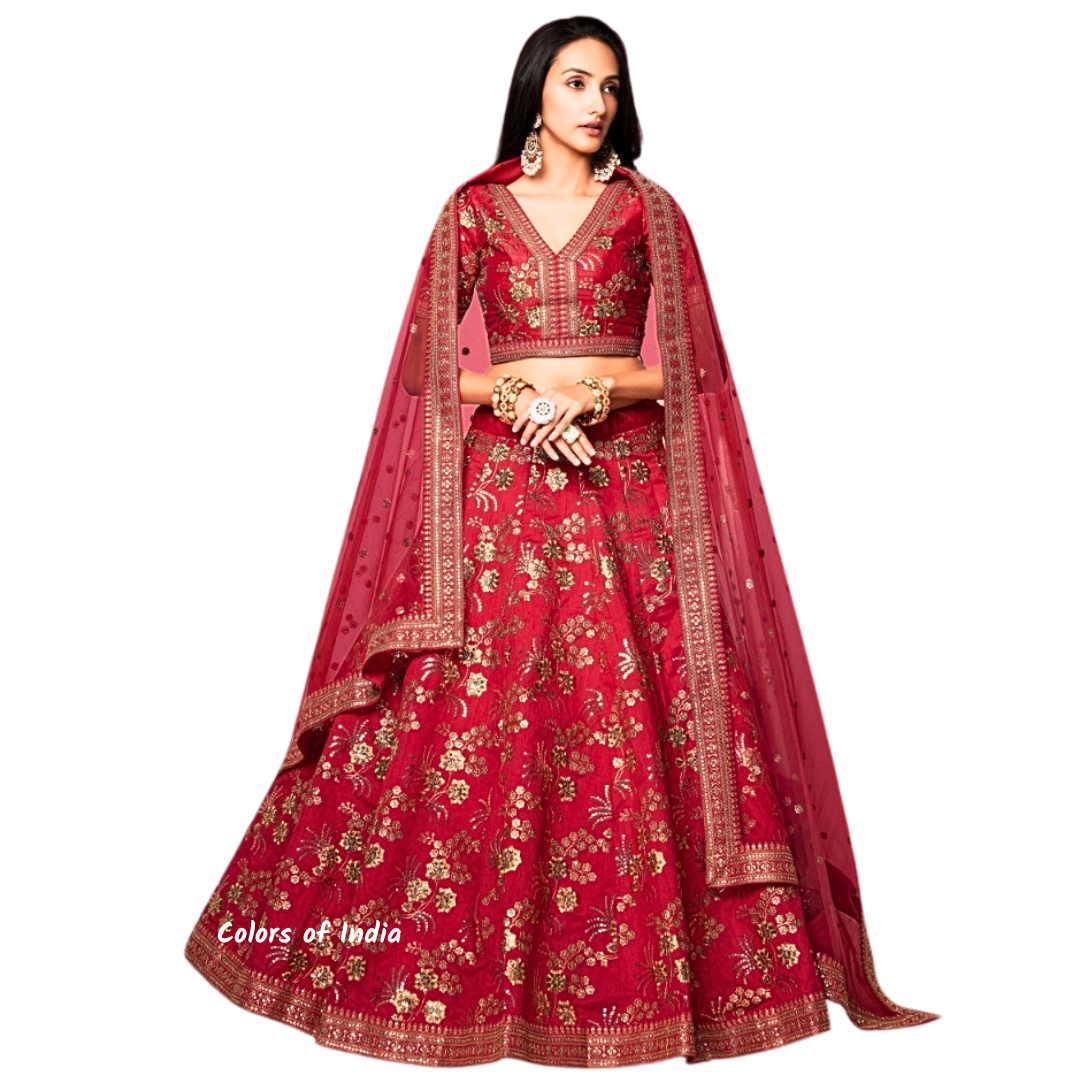 Punjabi lehenga , Lehenga for women , Wedding lehenga red , Semi -stitched Lehenga , FREE DELIVERY