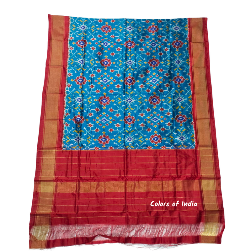 Blue  / Red    100 % Pure Silk Ikat Dupatta  , FREE  DELIVERY