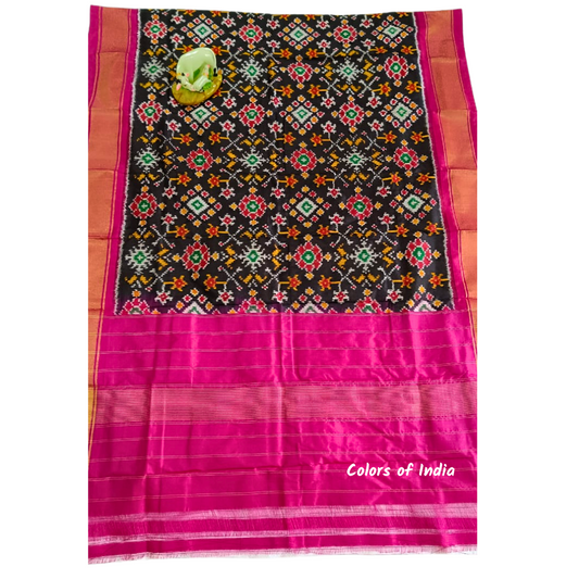 Black / Pink     100 % Pure Silk Ikat Dupatta  , FREE  DELIVERY