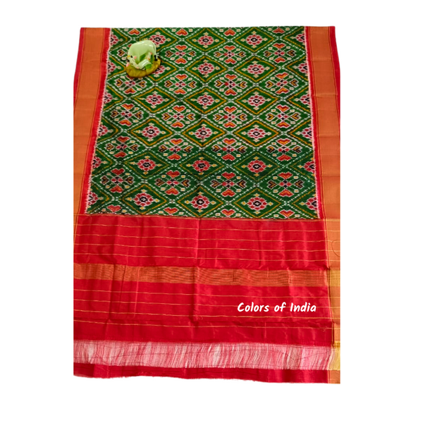 Green / Red  100 % Silk Ikat Dupatta , FREE DELIVERY