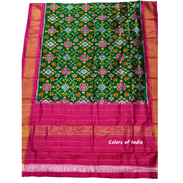 Green / Pink  100 % Pure Silk Ikat Dupatta , FREE  DELIVERY