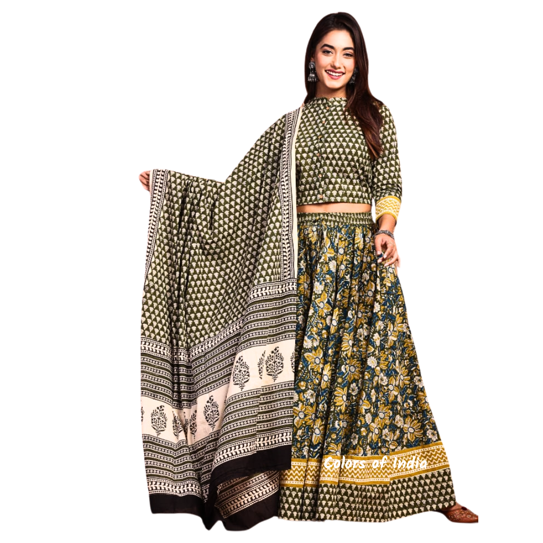 Olive Green  Cotton Lehenga Choli  for Women  , FREE  DELIVERY