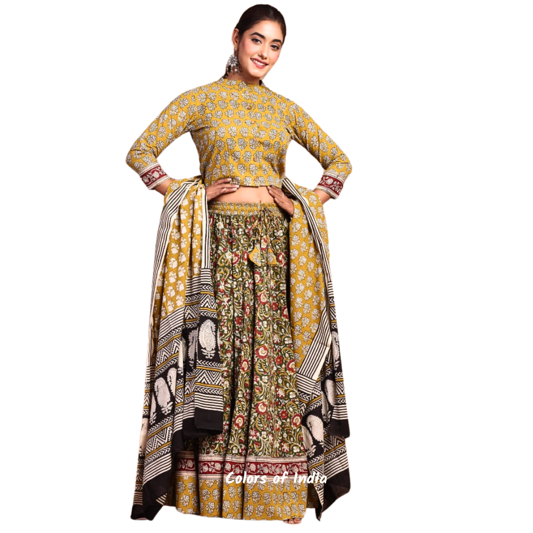 Green  Floral Cotton Lehenga Choli  for Women  , FREE  DELIVERY