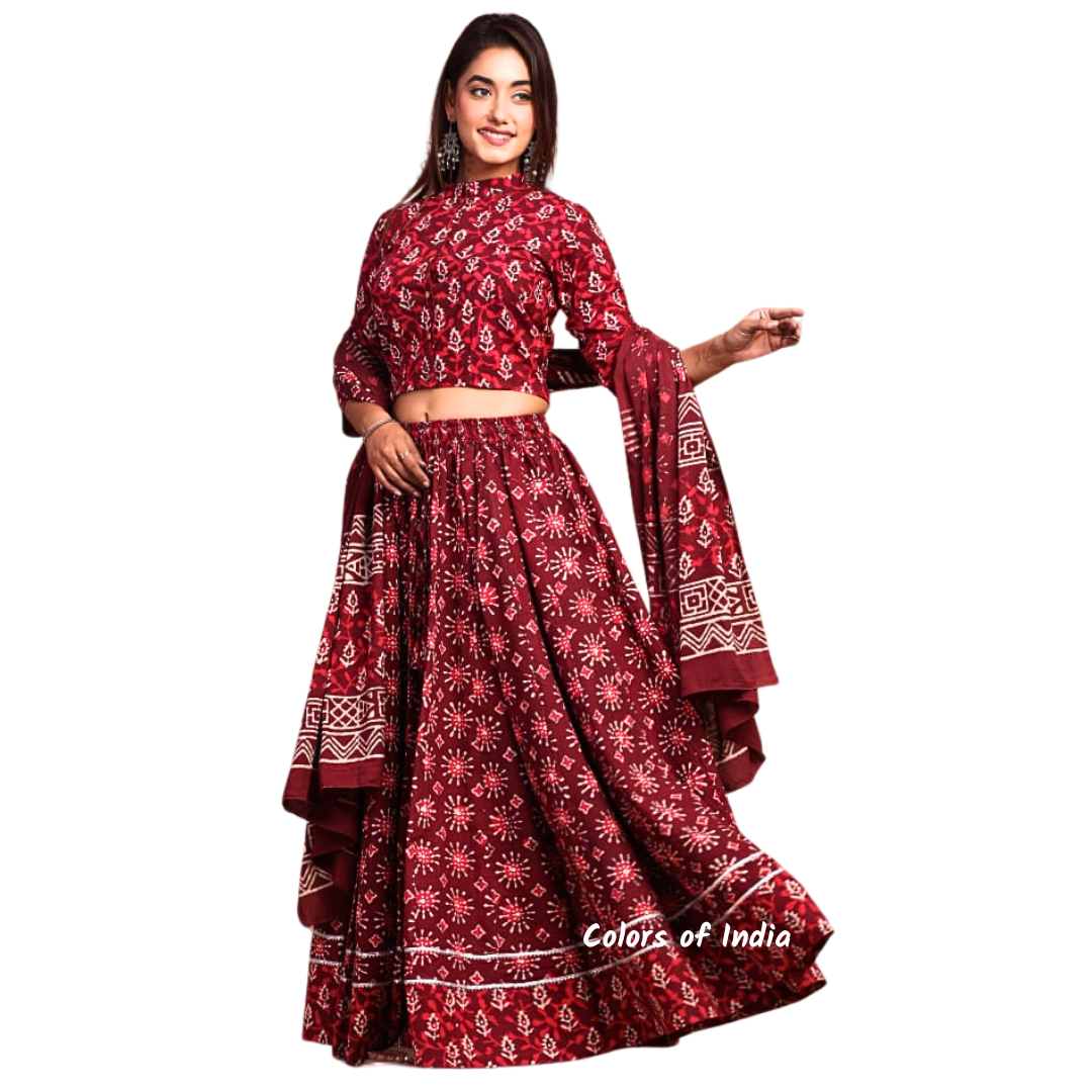 Maroon  Cotton Lehenga Choli  for Women  , FREE  DELIVERY