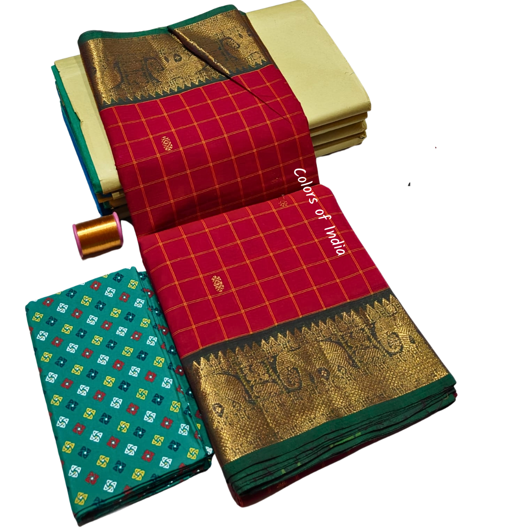 kanchi check saree with border , Cotton sarees for women , Summer saree , Kanchi saree , FREE SHIPPING