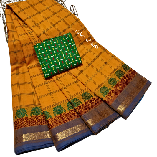 kanchi check saree with border , Cotton sarees for women , Summer saree , Kanchi saree , FREE SHIPPING