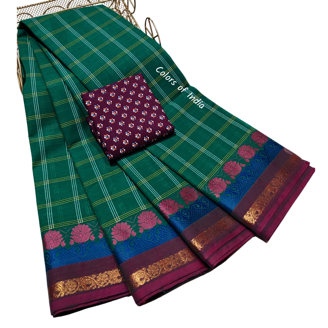 kanchi check saree with border , Cotton sarees for women , Summer saree , Kanchi saree , FREE SHIPPING