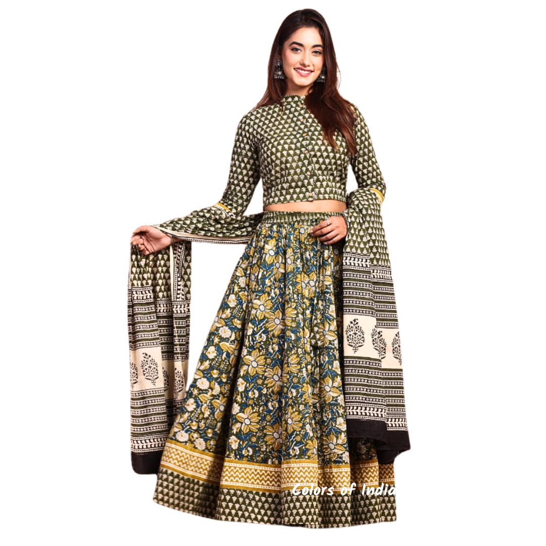 Olive Green  Cotton Lehenga Choli  for Women  , FREE  DELIVERY