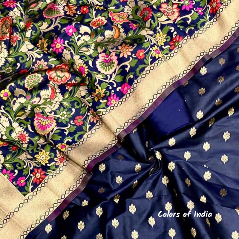 Banarasi  Silk Suit  With Zari Bootis and  Dupatta Set  , FREE DELIVERY