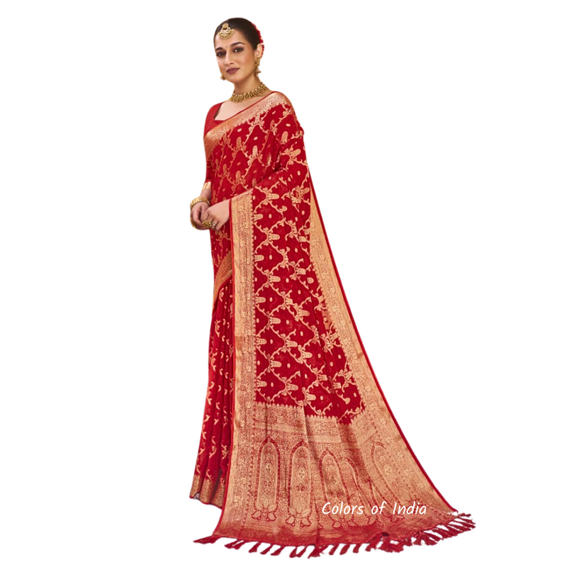Red  georgette party wear sarees for women ,  FREE  DELIVERY