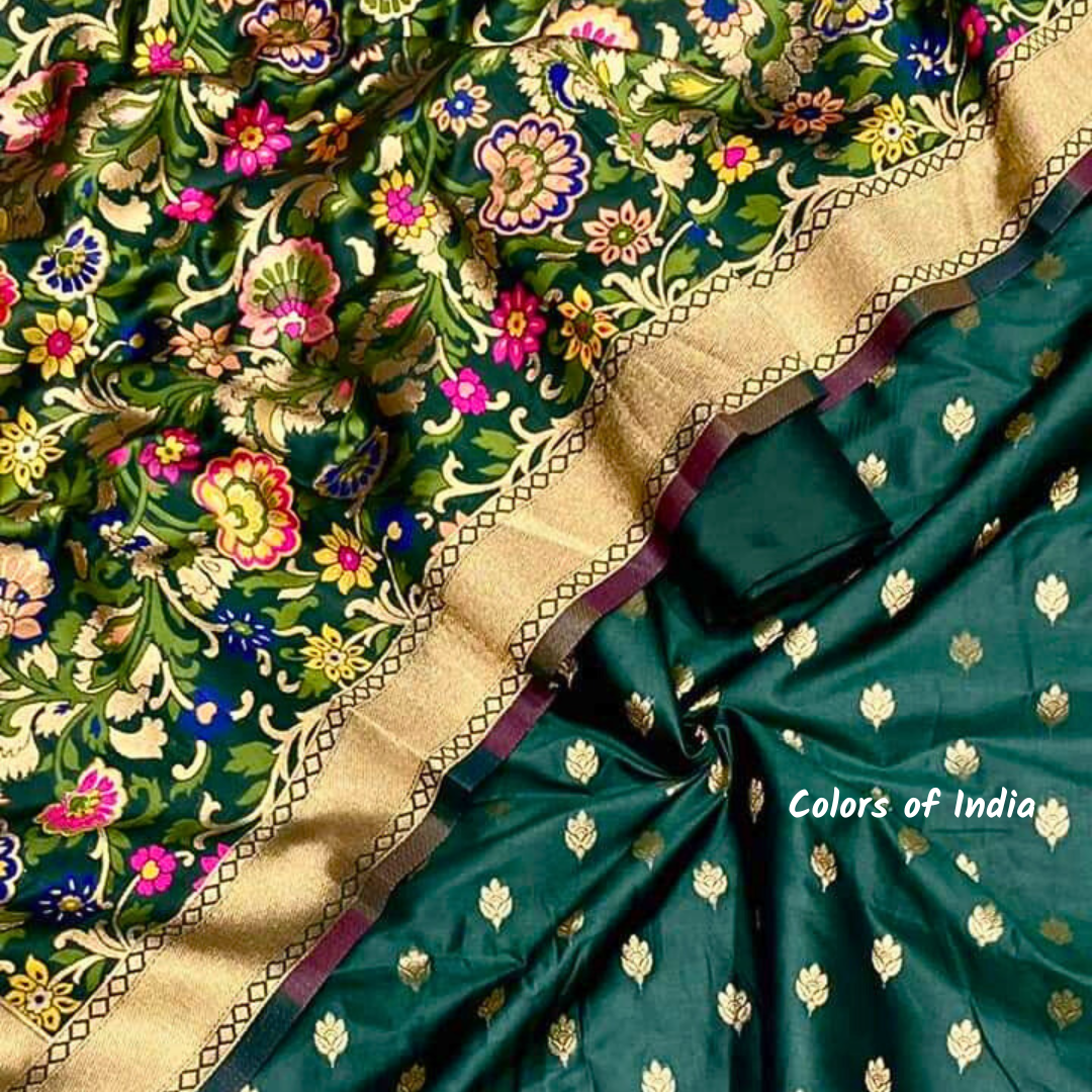 Banarasi  Silk Suit  With Zari Bootis and  Dupatta Set  , FREE DELIVERY