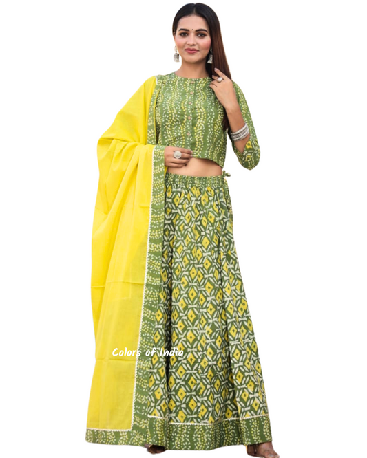 Yellow / Green   Cotton Lehenga Choli  for Women