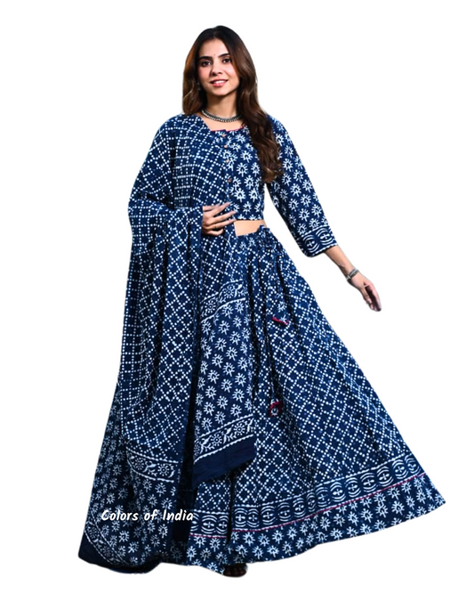 Indigo Blue  Cotton Lehenga Choli  for Women