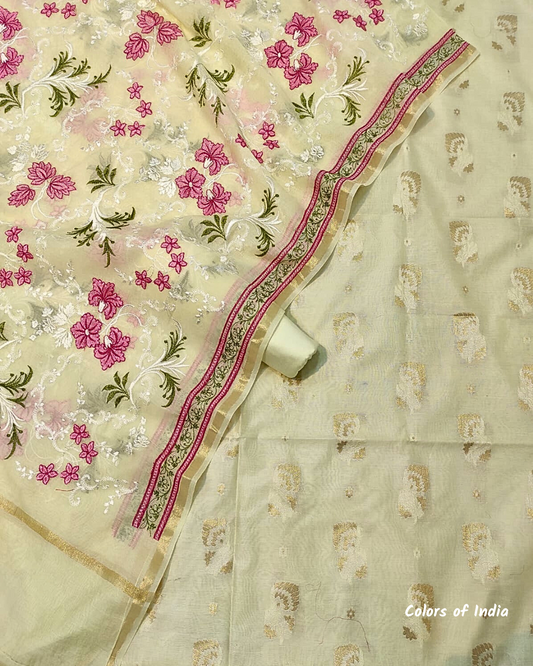 Elegant Banarasi Chanderi Cotton Suit with Embroidered  Dupatta