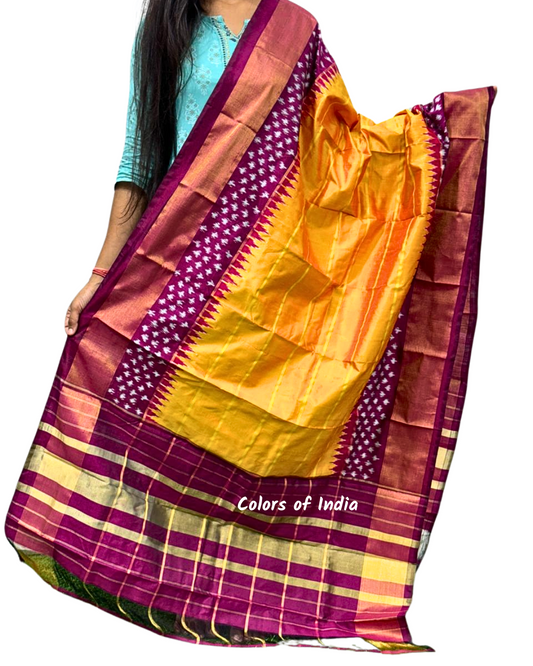 Golden Yellow   100 % Pure Silk Ikat Dupatta  , FREE  DELIVERY