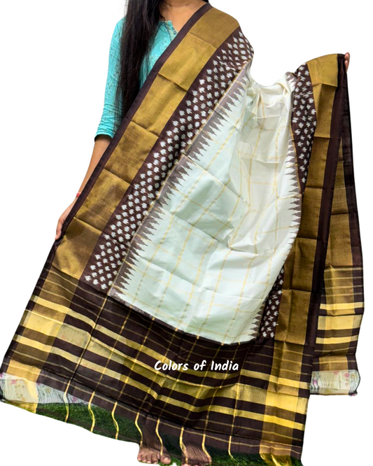 White / Brown   100 % Pure Silk Ikat Dupatta  , FREE  DELIVERY