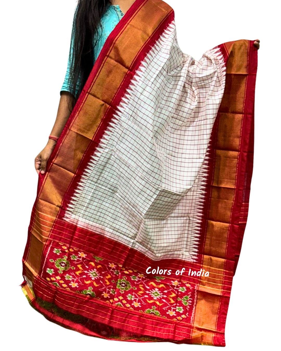White / Red  Check 100 % Pure Silk Ikat Dupatta  , FREE  DELIVERY
