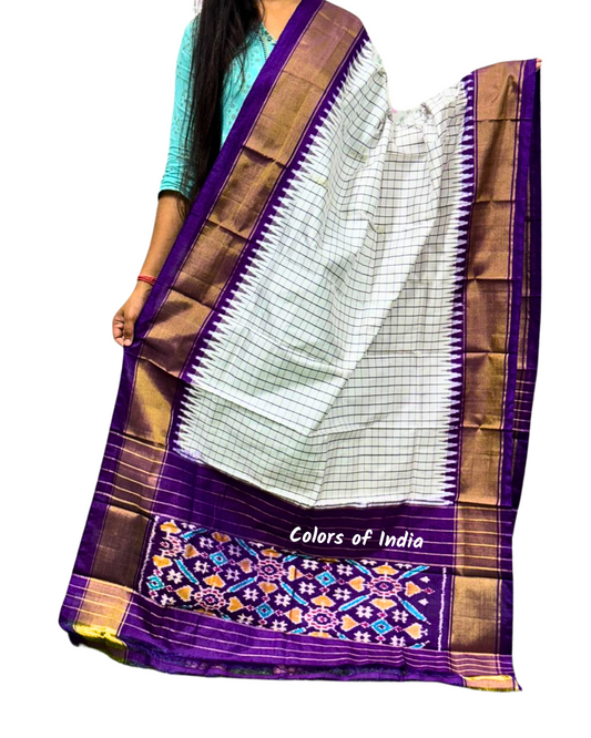 White /Purple  Check 100 % Pure Silk Ikat Dupatta  , FREE  DELIVERY