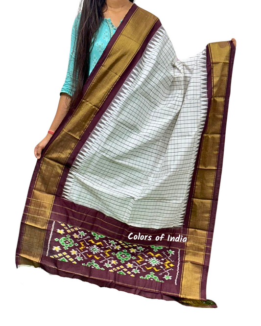 White / Brown   Check 100 % Pure Silk Ikat Dupatta  , FREE  DELIVERY