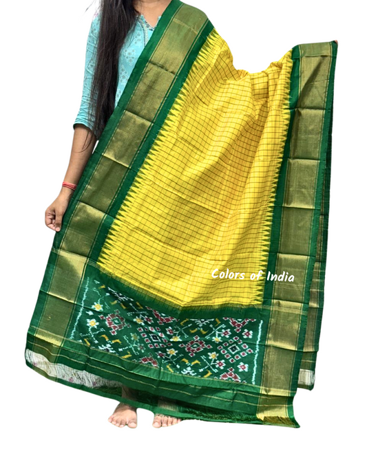 Yellow / Green  Check 100 % Pure Silk Ikat Dupatta  , FREE  DELIVERY