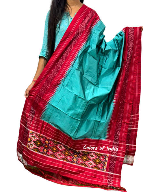 Turq . Blue /  Red   100 % Pure Silk Ikat Dupatta  , FREE  DELIVERY