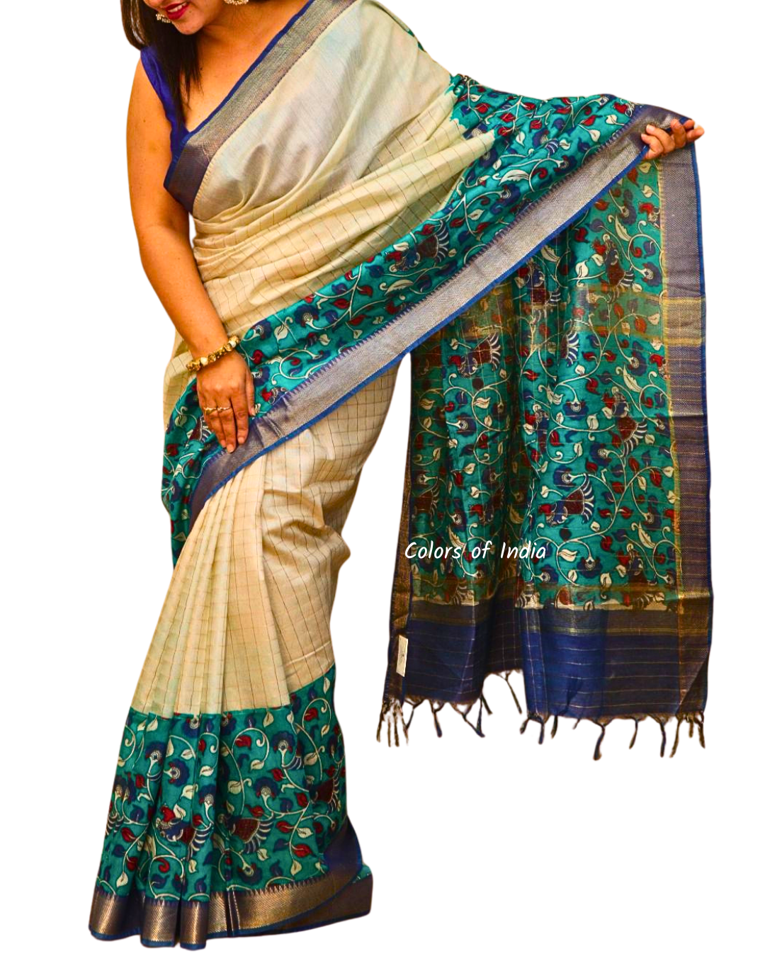 Handloom Silk Cotton Saree with Kalamkari Printed Border  and Pallu