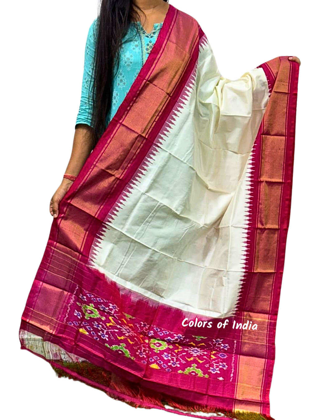 White / Pink   100 % Pure Silk Ikat Dupatta  , FREE  DELIVERY