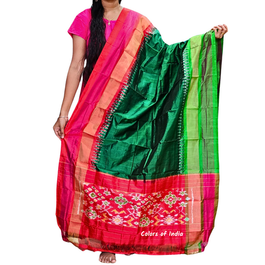 Hunter  Green   100 % Pure Silk Ikat Dupatta  , FREE  DELIVERY