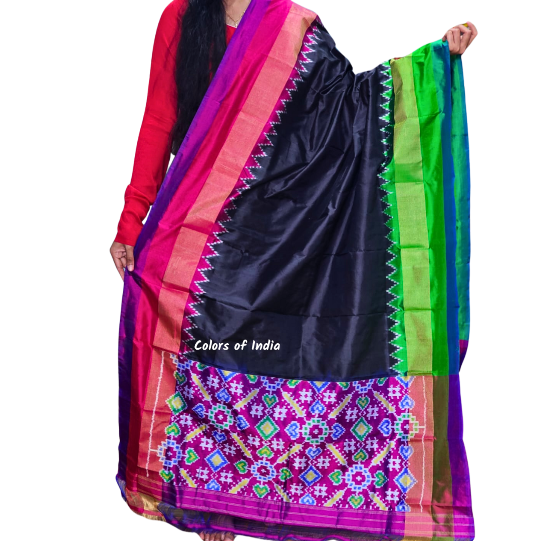 Black   100 % Pure Silk Ikat Dupatta  , FREE  DELIVERY