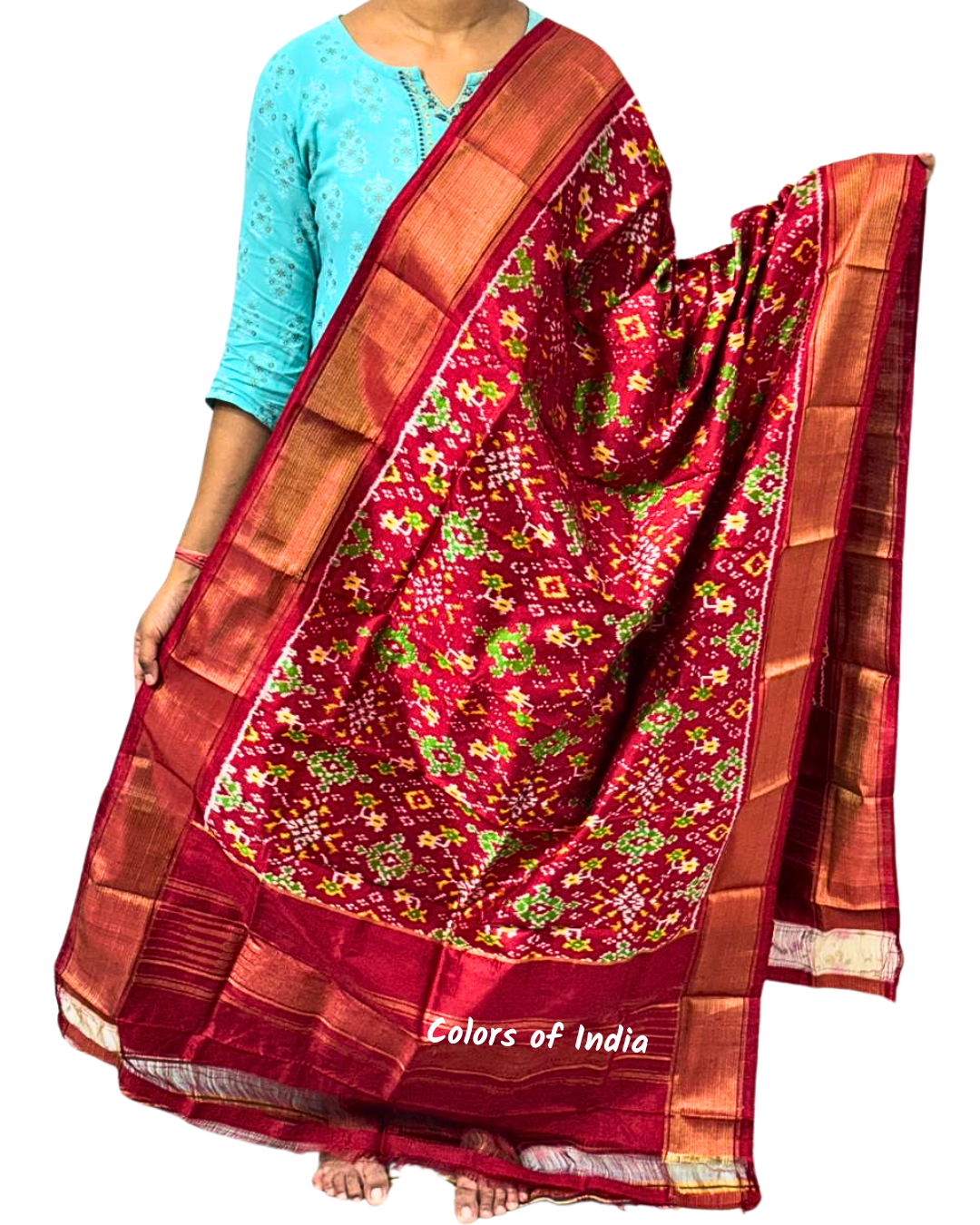Red  100 % Pure Silk Ikat Dupatta  , FREE  DELIVERY