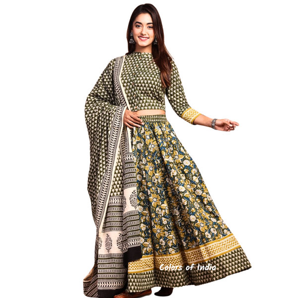 Olive Green  Cotton Lehenga Choli  for Women  , FREE  DELIVERY