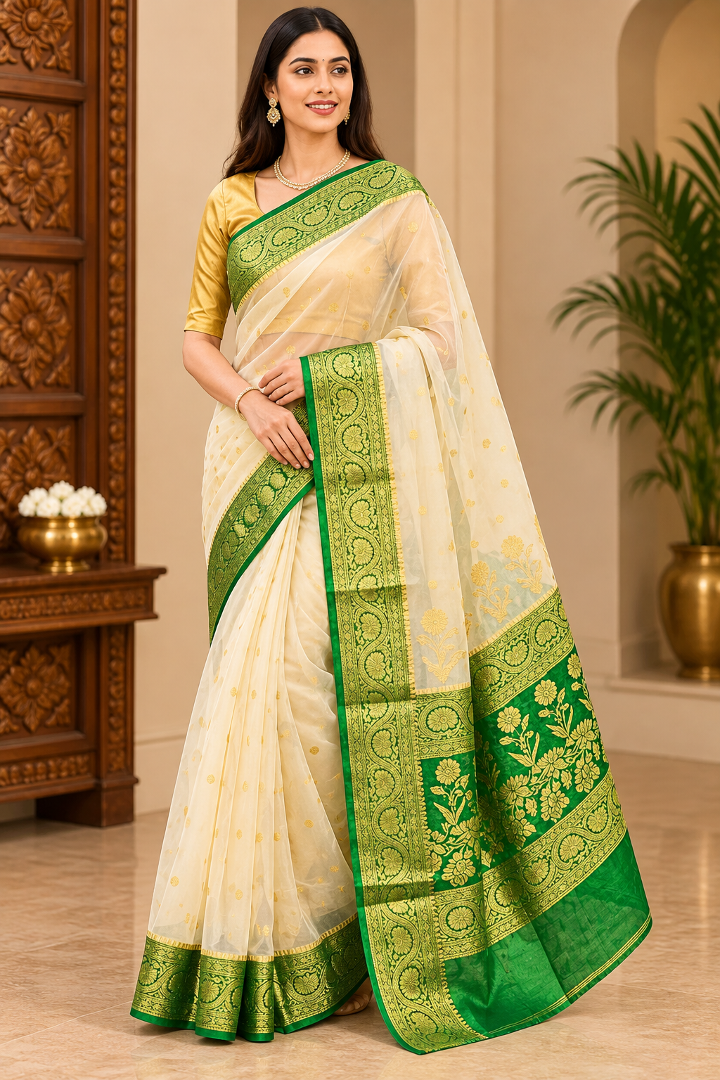 Sari en organza Banarasi écru et vert à bordure zari – Idéal pour les mariages d'été