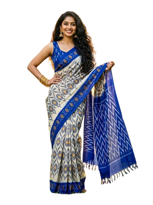 Handwoven Cotton Ikat Saree | 100% Pure Cotton Saree with Matching Blouse Piece