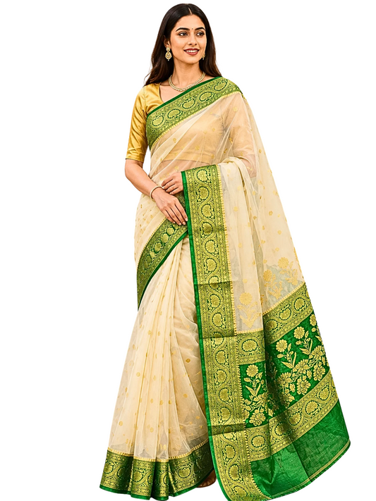 Off-White & Green Banarasi Organza Saree with Zari Border – Perfect for Summer Weddings