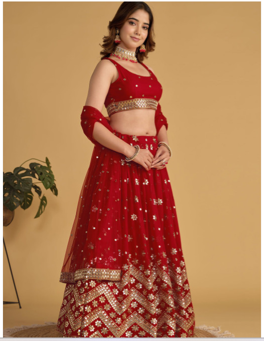 Red Bridal Party Wear Lehenga Choli with Dupatta | Heavy Embroidered Indian Wedding Outfit
